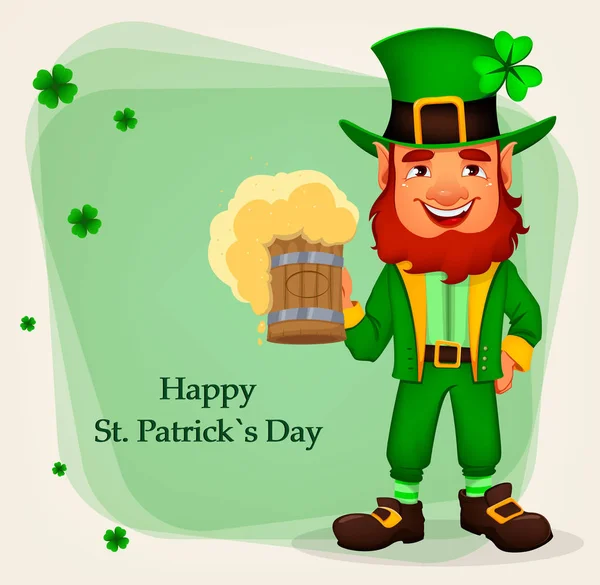 Gelukkig Saint Patrick Day Stripfiguur Met Groen Hoed Grappige Kabouter — Stockvector