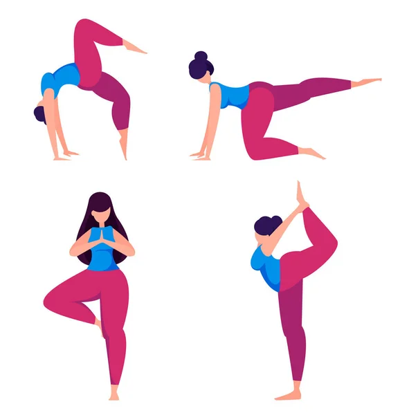Pratique Yoga Femme Faisant Des Exercices Sportifs Méditant Ensemble Quatre — Image vectorielle
