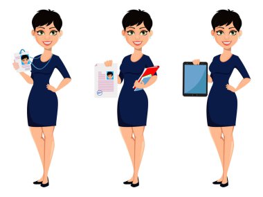 Kısa saç kesimi ile mutlu modern iş kadını