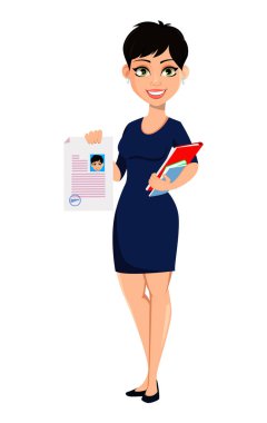 Kısa saç kesimi ile mutlu modern iş kadını