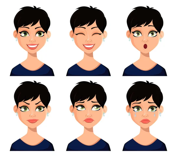 Ensemble d'expressions faciales de belle femme — Image vectorielle