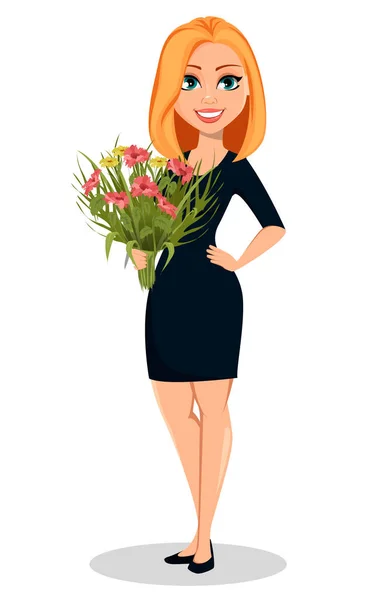 Glückliche attraktive Frau mit einem Blumenstrauß — Stockvektor
