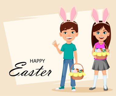 Çocuklu mutlu Paskalya tebrik kartı