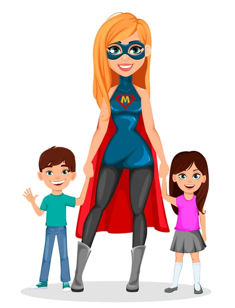 Kobieta w strój superbohatera. Super Mama — Wektor stockowy