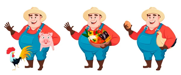 Agricultor de gordura, agrônomo, conjunto de três poses —  Vetores de Stock