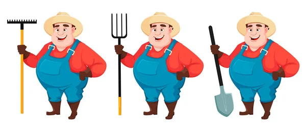 Fat farmer, agronomist, set of three poses — Stock Vector