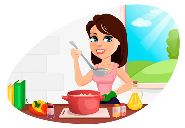 Beautiful woman cooking in her kitchen — Stock Vector