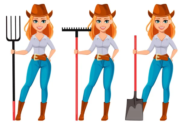 Jonge mooie boer vrouw in cowboy Hat — Stockvector