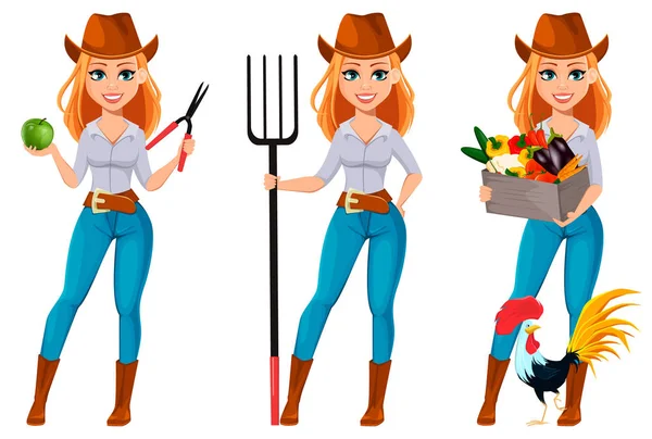 Jeune jolie agricultrice en chapeau de cow-boy — Image vectorielle