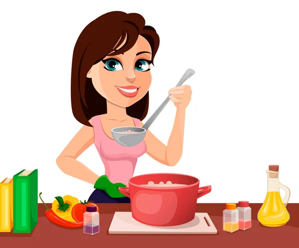 Hermosa mujer cocinando en su cocina — Vector de stock