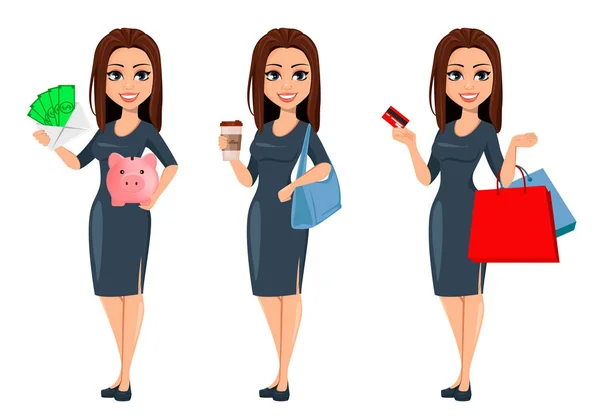 Nowoczesna młoda kobieta biznesu w szarej sukni — Wektor stockowy