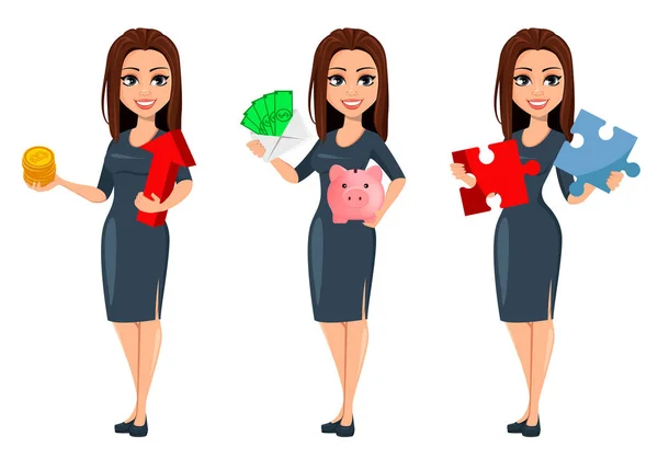 Modern young business woman in gray dress — Stock Vector