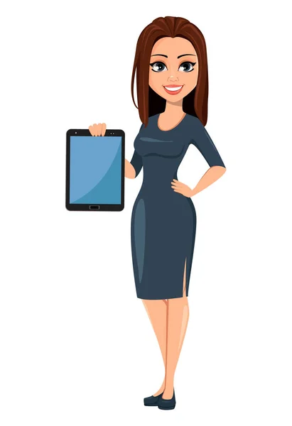 Mujer de negocios joven y moderna en vestido gris — Vector de stock