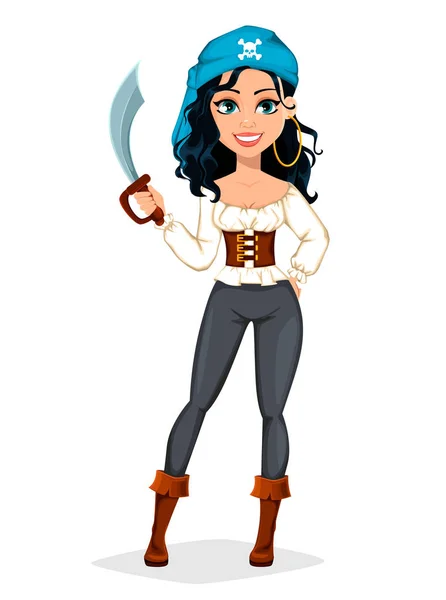 Pirate woman. Beautiful lady cartoon character — Stock Vector