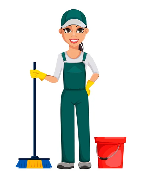 Cleaning service concept. Cheerful cartoon character — Stock Vector