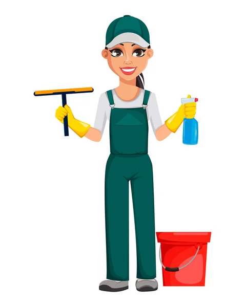 Cleaning service concept. Cheerful cartoon character — Stock Vector