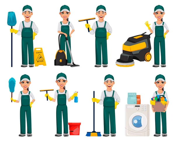 Cleaning service concept. Cheerful cartoon character — Stock Vector