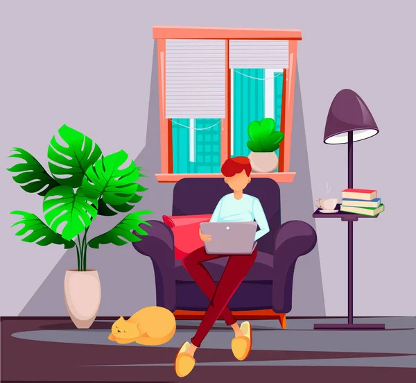 Young man freelancer works at home — Stock Vector