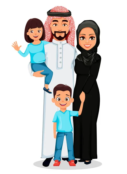 Família árabe feliz. Pai, mãe, filho, filha —  Vetores de Stock