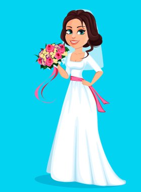 Beautiful bride holding bouquet of flowers clipart