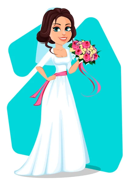 Belle mariée tenant bouquet de fleurs — Image vectorielle
