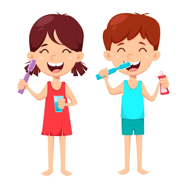 Daily dental hygiene. Boy and girl brushing teeth — Stock Vector