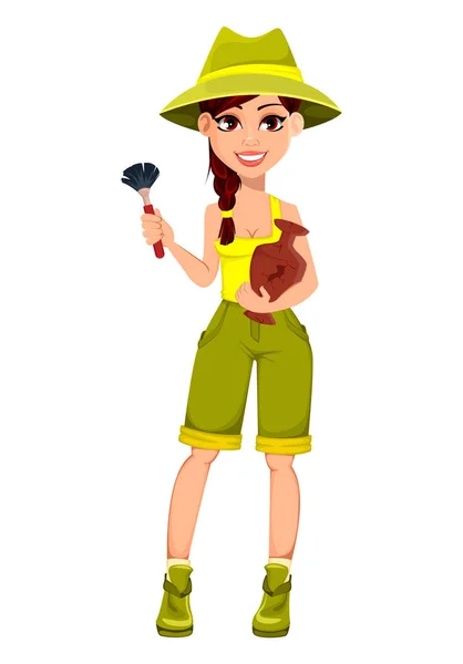 Kadın arkeolog. Sevimli karikatür karakter — Stok Vektör