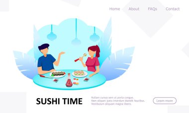 Suşi zamanı. Kafede rulo yiyen çift