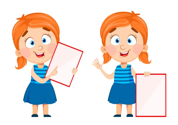 Cute little girl holding blank placard — Stock Vector