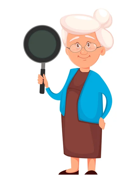 Abuela sosteniendo sartén — Vector de stock