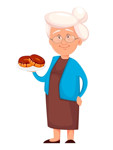 Grandmother holding delicious donuts — Stock Vector