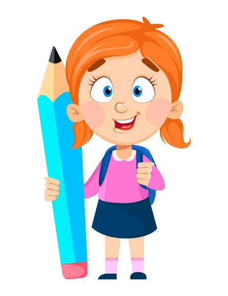 De vuelta a la escuela. Linda chica sosteniendo lápiz grande — Archivo Imágenes Vectoriales