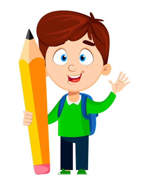 De volta à escola. bonito menino segurando Grande lápis —  Vetores de Stock