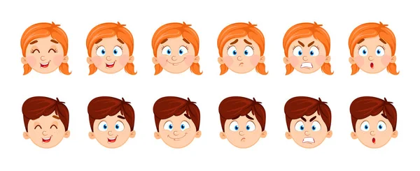 Expresiones faciales de niño y niña — Vector de stock
