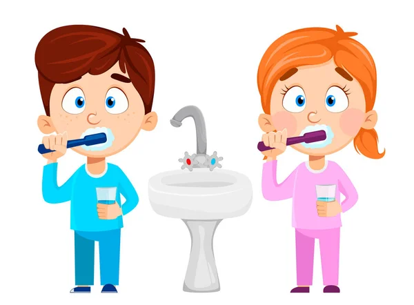 Cute little girl and boy brushing teeth — Stock Vector