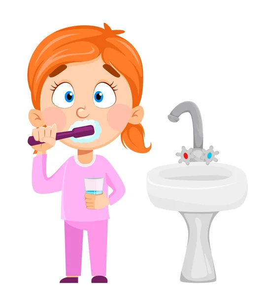 Cute little girl brushing teeth — Stock Vector