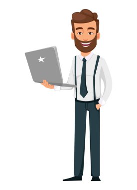 Yakışıklı sakallı işadamı modern dizüstü bilgisayar tutan