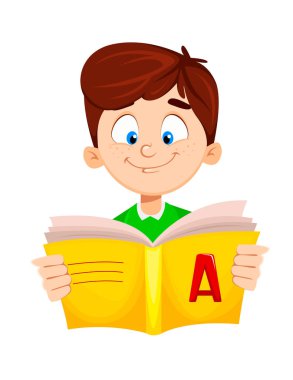 Okula geri dön. Sevimli çocuk Abc kitap okuma