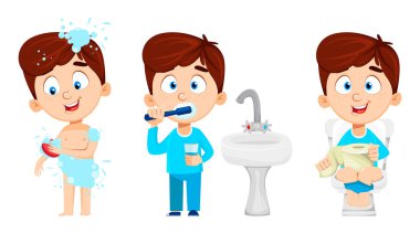 Banyodaki çocuk, üç pozdan oluşan bir set. Sevimli çocuk