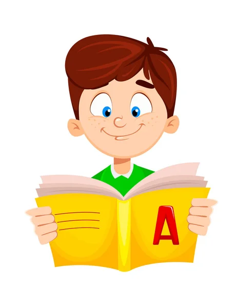 De vuelta a la escuela. Lindo chico leyendo libro ABC — Vector de stock