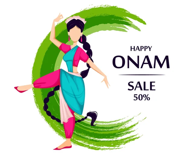 Feliz Onam. Mujer india bailando — Vector de stock