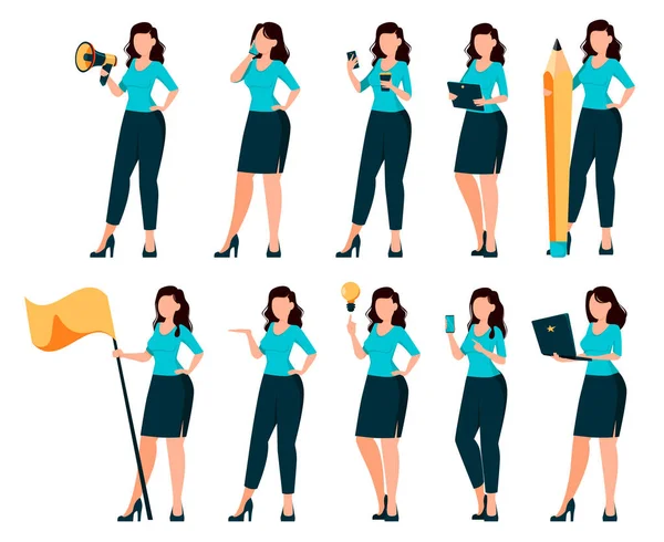 Mujer de negocios personaje de dibujos animados, conjunto de diez poses — Vector de stock