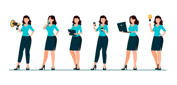 Business woman cartoon character, set of six poses — Stock Vector