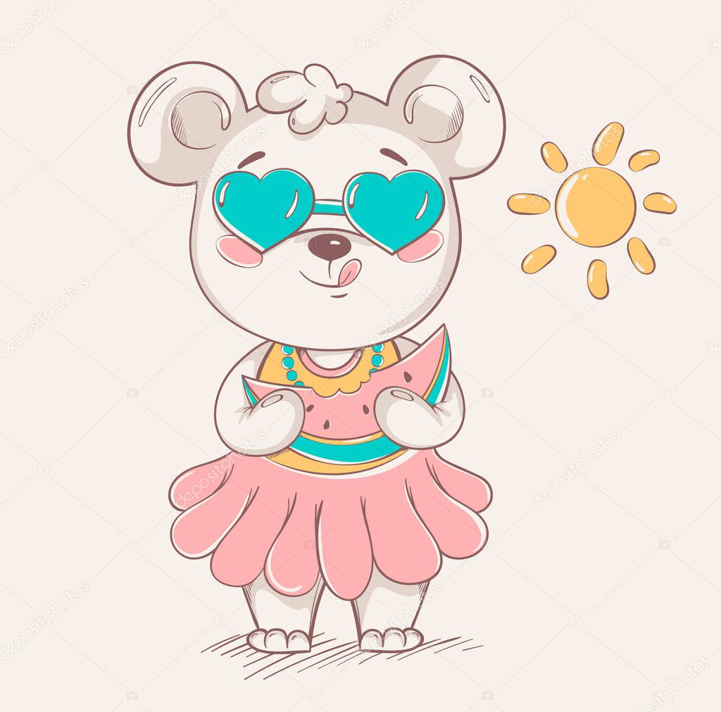 Cute little bear in colorful skirt and sunglasses