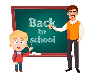 Öğretmen adam çizgi film karakteri ve sevimli okul çocuğu