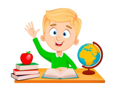 Sevimli okul çocuğu masada oturan