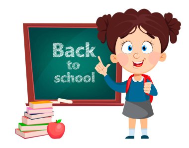 Okula geri dön. Tahtanın yanında duran sevimli kız