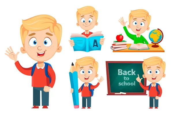 De vuelta a la escuela. Lindo colegial, conjunto de cinco poses — Vector de stock