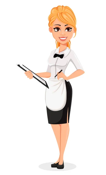 Happy blonde waitress. Cheerful cartoon character — Stock Vector