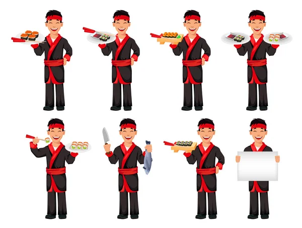 Chef japonés cocinando rollos de sushi — Vector de stock